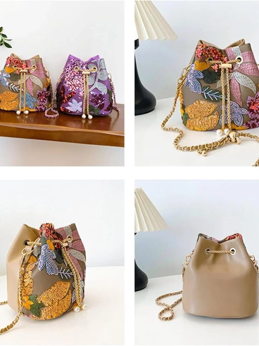 Crossbody Bags for Women, Hand Embroidered Leathers Tot Bag, Carry Handle Bucket - Picture 5 of 9
